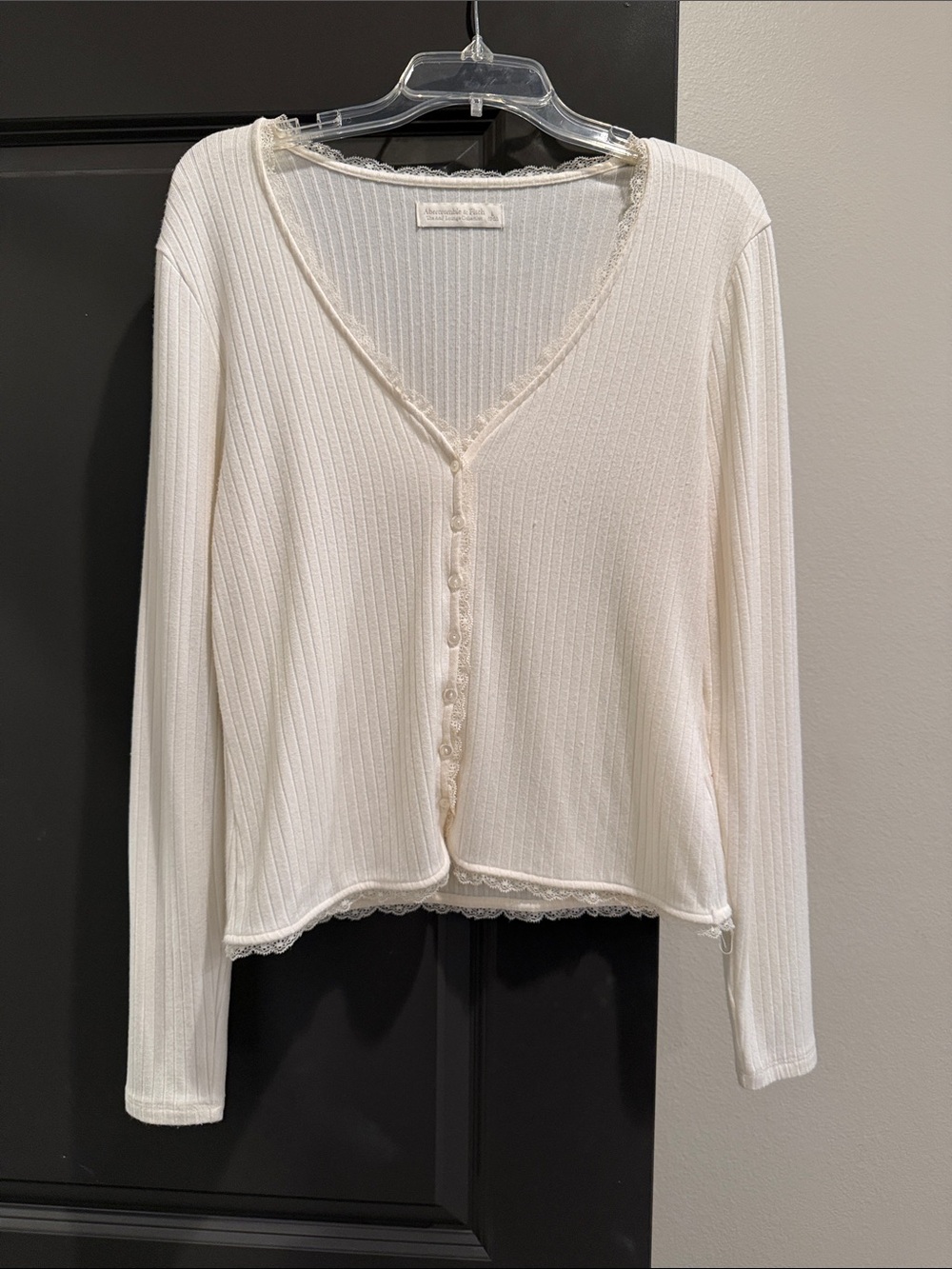 Abercrombie & fitch Lightweight Ivory Lace-Trim Ribbed Cardigan - Women's Top